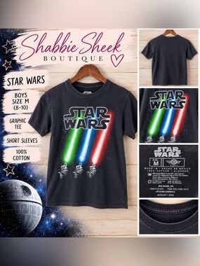 Star Wars Black Kids Tee with Red Green Blue Lightsabers